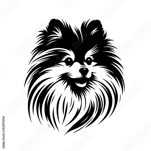 Vector illustration of pomeranian, designed in black strokes and lines. Family pet, love and care for animals, adoption fair. Types of breeds, loyal sociable companion