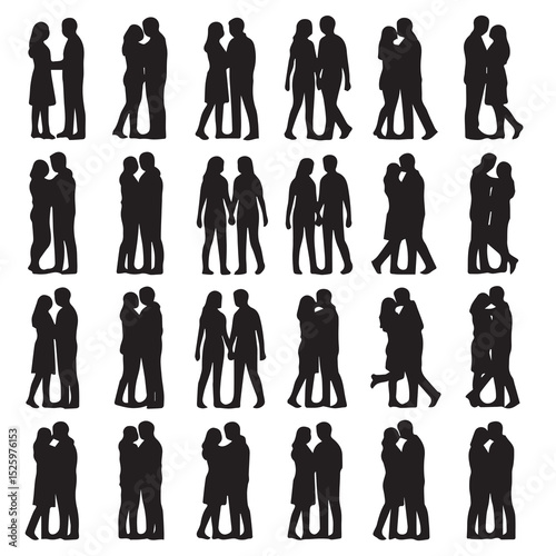 Silhouettes of romantic couples in various poses showing love affection and intimacy on white background