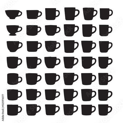Collection of black coffee mugs silhouettes arranged in a grid pattern on white background