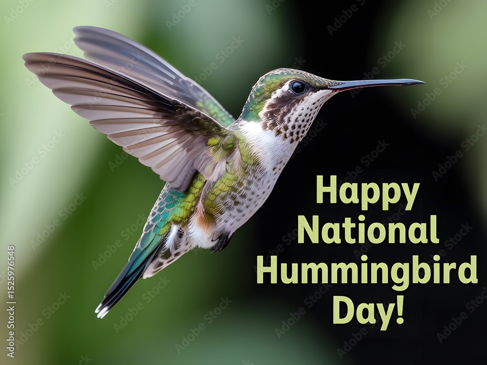 Fototapeta premium Rufous Hummingbird Hovering Green Background, Bird with Open Wings, Colorful Plumage