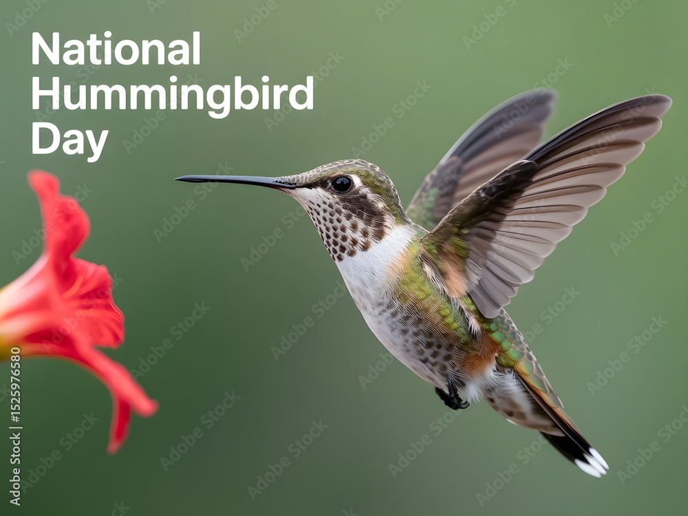 Fototapeta premium Rufous Hummingbird Hovering Near Red Flower with Green Background Open Wings Flying
