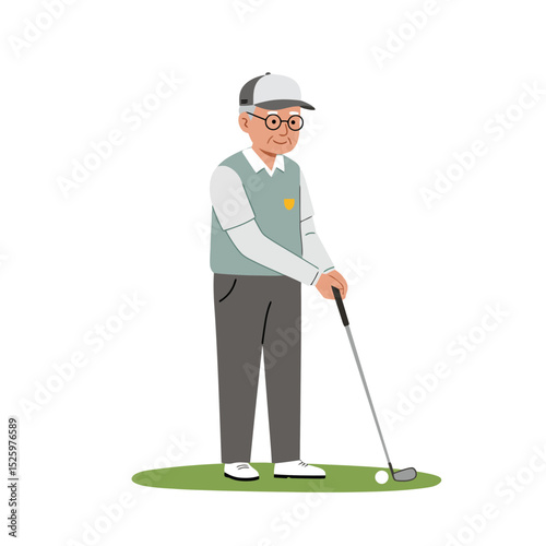 Vector illustration of elderly retired man on golf course, holding colf club. Active old age, physical activity for brain and body for seniors