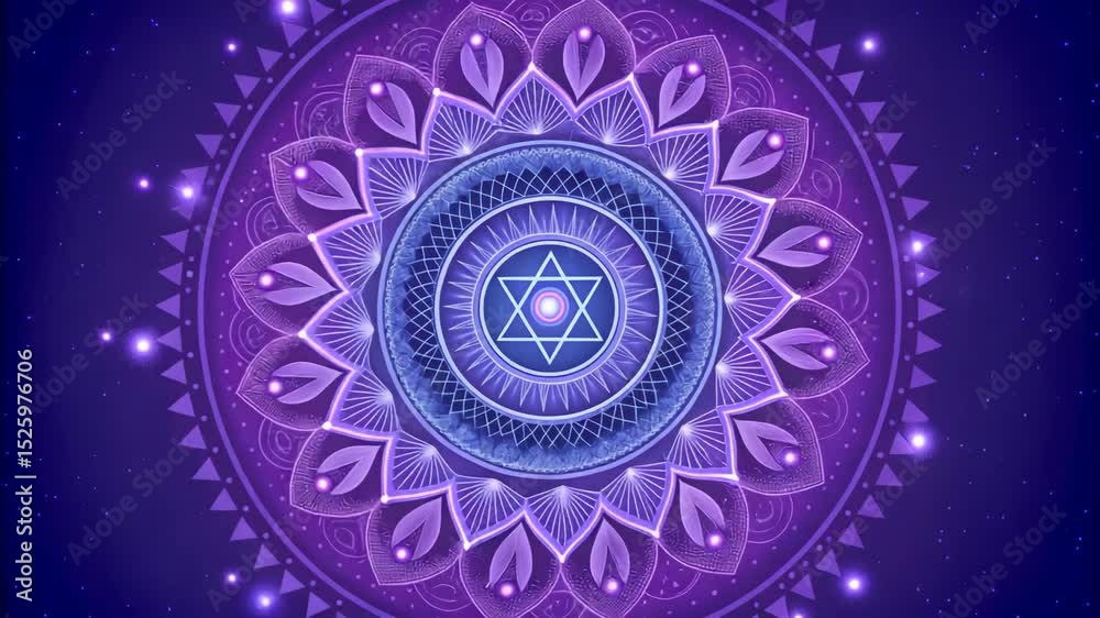 Stunning Purple Mandala Design Spiritual Background featuring intricate patterns and cosmic elements ideal for meditation yoga spirituality and wellness projects.