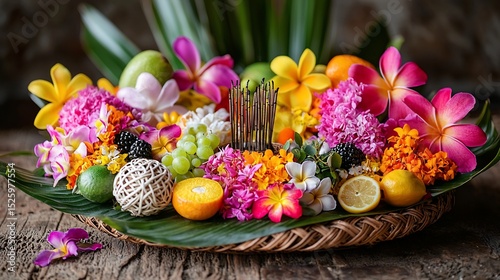 Vibrant tropical fruits and flowers arranged in a woven basket on rustic wood