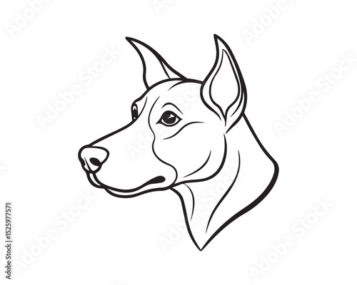 A black and white line drawing of a full dog in profile view isolated on transparent background, PNG
