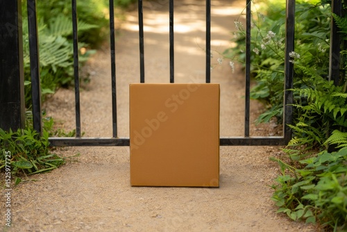 Square Box Mockup on Gravel Path with Gate and Greenery for Outdoor Display