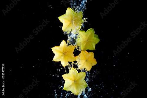 Star Fruit Splash Freshness Yellow Starfruit Water Flowing Black Backdrop Healthy Eating