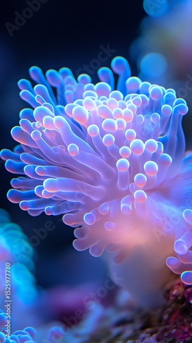 Vibrant underwater scene featuring a close-up of a glowing, textured sea anemone with numerous tentacles