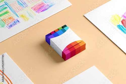 Stationery Mockup with Colorful Box and Child Drawings on Beige Background Design