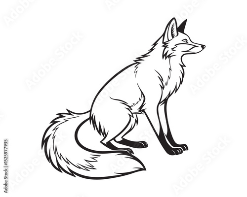 A black and white line drawing of a full fox in profile view isolated on transparent background, PNG
