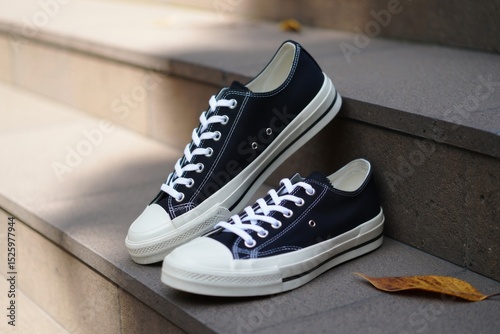 Stylish Black Canvas Sneakers Mockup on Concrete Steps Casual Footwear Product Display