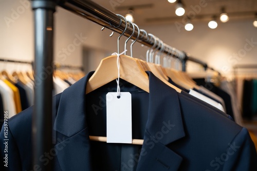 Suit Jacket Mockup with Blank Tag Hanging on Rack in Clothing Store Interior