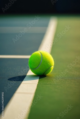 Tennis Ball on Court Line Close Up for Sport and Active Lifestyle Imagery