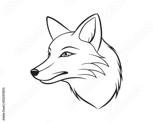 A black and white line drawing of a full fox in profile view isolated on transparent background, PNG
