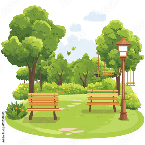 Serene park scene featuring lush green trees, two wooden benches, and lamp post, inviting relaxation and tranquility, Isolated cutout on transparent background