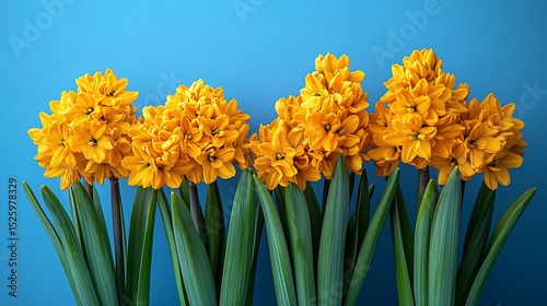Vibrant yellow hyacinths arranged against a bright blue backdrop