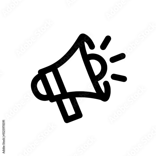 Black and white megaphone icon, Minimalist megaphone illustration in bold black and white with a drop shadow effect, symbolizing announcements, alerts, or public speaking.

