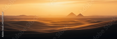 Stunning golden hour view of pyramids in the desert at sunset in Egypt