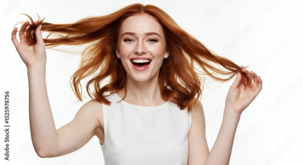 Joyful woman with flowing reddish brown hair portrait Joyful woman with flowing reddish brown hair portrait