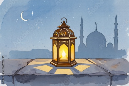 Watercolor Ramadan Lantern with Mosque Silhouette and Crescent Moon in Night Sky