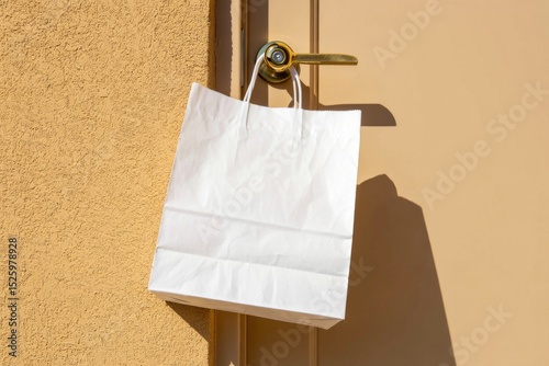 White Paper Bag Mockup Hanging on Door Handle for Delivery Service Advertisement