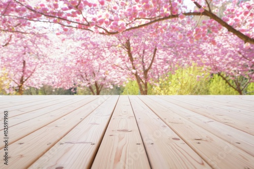 Wooden Deck Mockup with Cherry Blossom Trees in Full Bloom in Springtime Park
