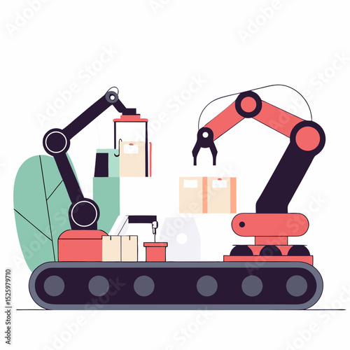 Automated production system with robotic arms assembling and sorting boxes on conveyor belt, modern factory technology, efficient and precise industrial process
