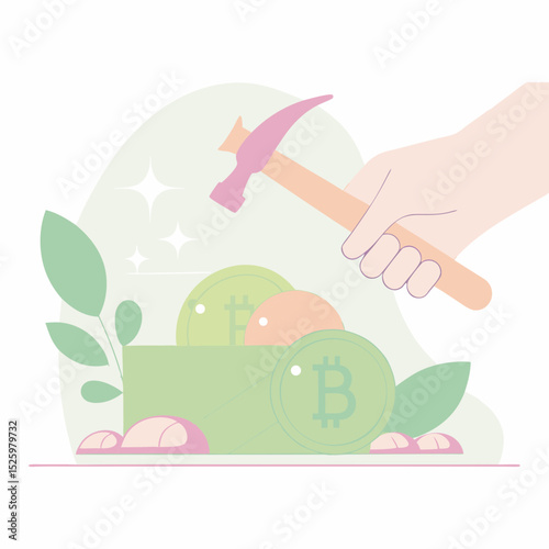 Hand holding hammer above bitcoin symbol coin and cash digital currency concept pastel color financial risk investment destruction green leaves flat vector illustration