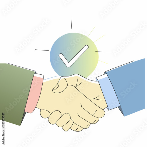Handshake agreement business partnership deal success trust collaboration contract approval?this shows two people shaking hands with check mark symbol representing successful business agreement