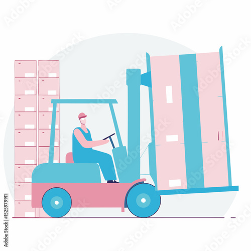Forklift lifting large box in warehouse, operator driving industrial vehicle, storage shelves in background, logistics and transportation concept, efficient and focused mood