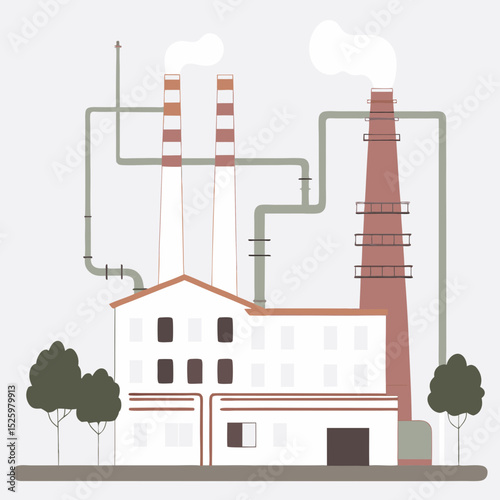 Industrial factory building with large smokestacks, multiple pipes, and surrounding trees, emitting smoke into air, representing manufacturing and industry