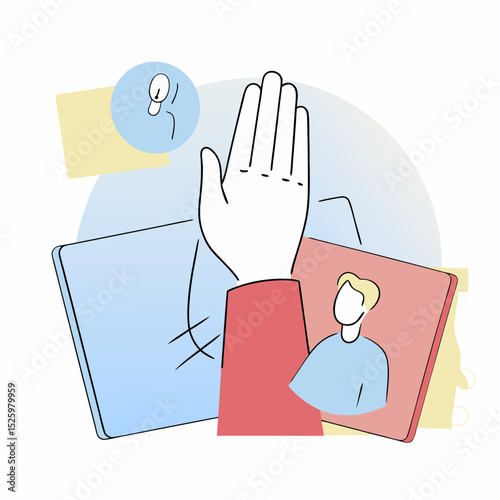 Hand raise icon gesture in virtual class, online learning, digital communication, and interactive education, showing engagement and participation in remote meeting