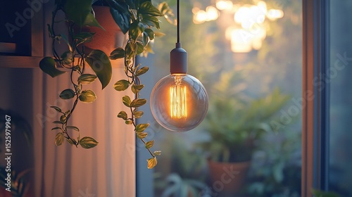 Warm-toned bulb glows softly, plants nearby, window background