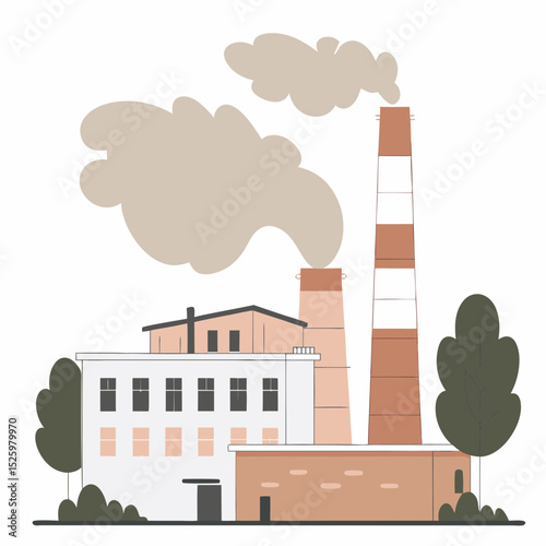 Industrial chimney smokestack factory building releasing smoke pollution urban exterior environmental emission illustration