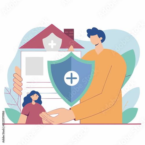 Insurance document icon shield on paper vector illustration showing man holding protection symbol woman house healthcare safety security and family concept