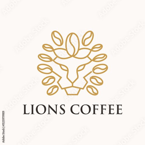 Minimalist Outline Lion Head with Coffee Bean Decorative Frame Logo