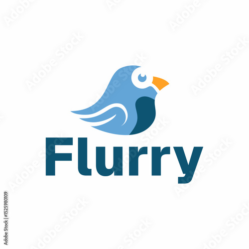 Cute Cartoon Little Bird Character Mascot with Flurry Text Logo Design
