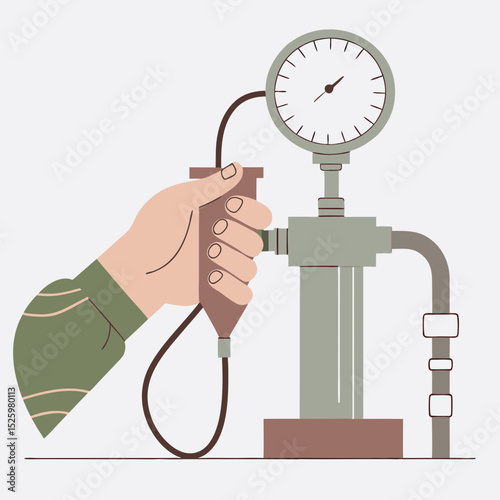 Pressure gauge factory equipment measurement hand industrial tool testing accuracy dial engineering maintenance. This illustration shows hand operating pressure gauge for precise measurement
