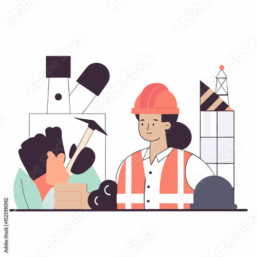 Construction worker wearing orange safety vest and helmet, surrounded by construction tools, gloves, and building structure, representing safety and teamwork in construction site