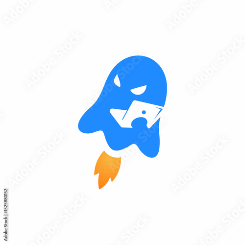 Modern Minimalist Ghost Character Rocket Launching Illustration with Angry Expression Icon