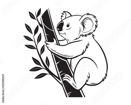 A black and white line drawing of a full koala in profile view isolated on transparent background, PNG
