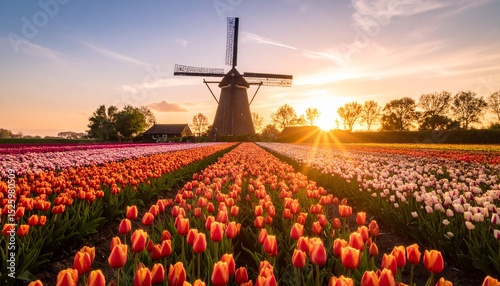 Stunning Sunrise over Vibrant Tulip Fields and Historic Windmill in Netherlands
