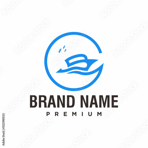 Minimalist Circle Yacht Traveling Logo with Simple Boat and Birds Illustration