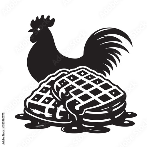 Rooster with Chicken and Waffles Breakfast Illustration