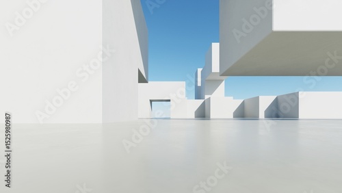 Fototapeta Naklejka Na Ścianę i Meble -  3d illustration of abstract modern architecture background, Minimal geometry architectural design, Car presentation backdrop with empty concrete floor, Geometric white blocks building design
