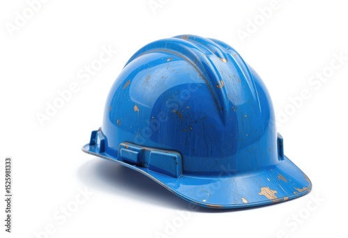 Blue scratched construction helmet on white