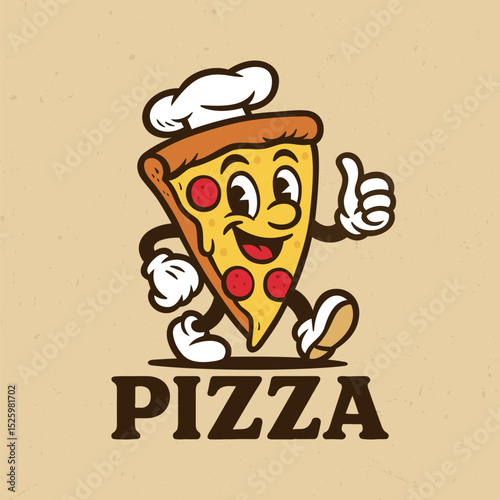 Cheerful Pizza Slice Character with Face - cartoon, mascot, illustration, character, vector, clip art, hand drawn - Tee design for printing. Good for poster, wallpaper, t-shirt, gift.