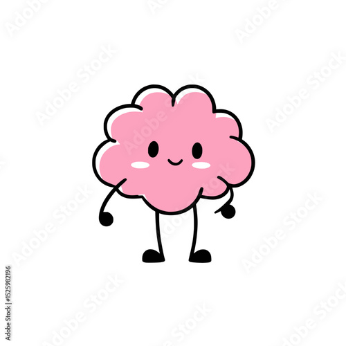 Cute pink brain cartoon character smiling, Adorable pink brain character with a happy face and simple limbs, designed in a minimal kawaii style for positivity and creativity.
