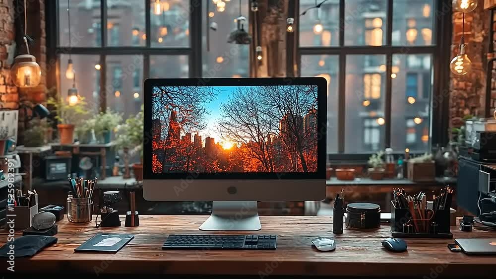 Cozy workspace featuring computer with scenic sunset view in a creative studio setting