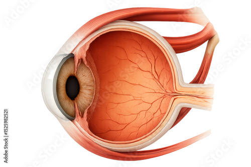 Cross section of human eye anatomy showing sclera, iris, pupil, cornea, retina, vitreous humor, optic nerve and extraocular muscles on transparent background